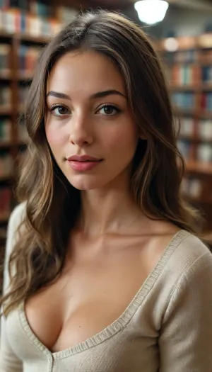 (celine farach:1.2), busty beauty, long hair, straight hair, shy smile, tight wool top, deep neckline, thong panties, library, close view, view from above, (Ultra realistic, best quality), <lora:MJ52:.8>