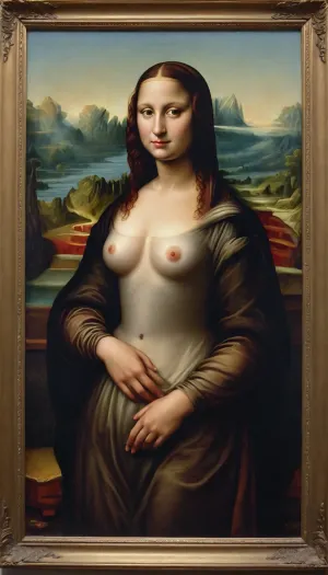 a painting of the Mona Lisa, flashing breasts