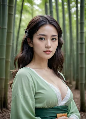 jpn-girl, Professional portrait photography of the face of a beautiful girl with, (glossy nude lips), blushed cheeks, black wavy hair, with orange eyes, big breasts, Nikon Z9, looking at the camera, realistic matte skin, highly detailed, skin texture visible, 40 yo, woman wearing medieval dress, white bell sleeves, green belt, blurry background, A bamboo forest, <lora:japanese_girl_v1.1:.75>