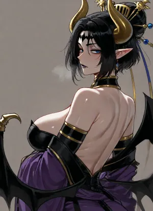 (ratatatat74 style), lilithmon, dressed, solo, back fetish, looking at viewer, side view, (simple background), <lora:ratatatat74-000050:2>