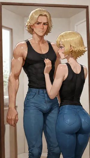 BNHA, (MHA), Hero Prodigy gets a Femboy System, 1boy, Nao Ichijo, age 18, handsome Masculine face, Masculine shoulders, masculine Toned arms, masculine Toned legs, masculine athletic legs, masculine Toned ass, wearing black shirt with blue jeans, His blonde hair so pale it shimmered near silver and his face both sharp and delicate with Black eyes gleamed beneath furrowed brows and His slender frame petite, with just a hint of muscle—strained against the black shirt and slacks clinging to his sweat-damp skin, a spark of electricity that came from his fingertips, standing Infront of a mirror, looking at his own reflection, reflection is showing feminine Nao Ichijo, 1femboy, beautiful Feminine face, Feminine shoulders, flat chest, feminine Petite arms, feminine Slender legs, feminine Round ass, His short blonde hair so pale it shimmered near silver and his face both sharp and delicate with Black eyes gleamed beneath furrowed brows and His slender frame petite, visible penis bulge. incase style, (Cartoony), incase, style, <lora:SDXL_oral_v1-000009:1>, <lora:bimboxl_02:.5>, <lora:Incase_Style__SDXL:.4>