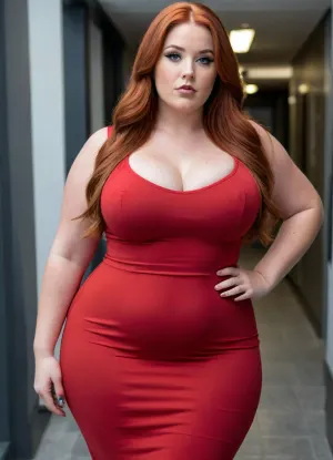 curvy tall bbw, red skinny bodycon dress, huge boobs, long straight red hair
