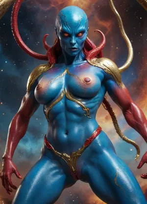 creature from Space. futanari, Alien, long tentacle legs, tall, large muscular arms, electric blue skin, huge breasts, gold nipples, wide hips, female face red metallic colour, cock hanging down, hyper detailed, sharp focus, soft nebula background, studio photo, intricate details, highly detailed, detailed face, detailed skin, <lora:xl_more_art-full_v1:1>
