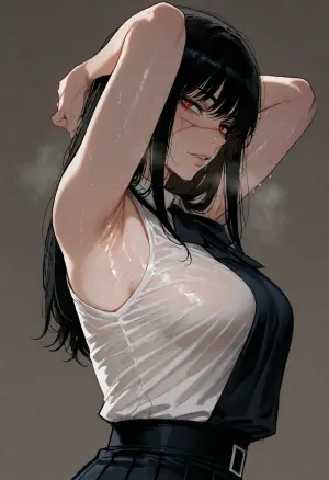 (ratatatat74 style), yoru from chainsaw man, dressed, solo, armpit fetish, sweaty, looking at viewer, side view, (simple background), <lora:ratatatat74-000050:2>