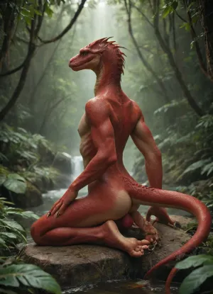 ultra realistic 8k cg, masterpiece, professional artwork, cinematic lighting, painting, 2 batwinged, dragon feet, long talons, snake creatures, dragon body naked, dark red skinned, demon eyed, red, green striped skin, red penis, jungle background, kneeling on rock, covered in brown leaves. fucking, anal, <lora:Fantasy_Monsters_XL:1>