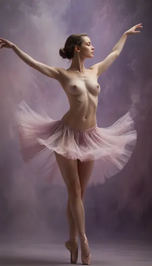 The nude Ballerina, rendered in captivating oil paint, stands on tiptoe amidst a swirling mist of soft pink and lavender hues, evoking an ethereal, whimsical atmosphere. Her skin glows with a warm golden luminescence. The brushstrokes are bold, expressive and gestural, imbuing the work with a sense of dynamic movement and energy, as if the dancer could leap off the canvas at any moment, capturing the magic of a fleeting performance. breasts, nipples, pussy