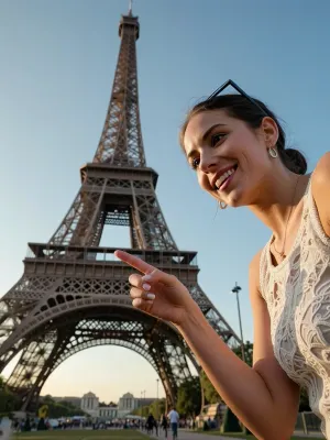 A professional photo capturing a smiling female blogger, taken from a slightly low angle to dramatically showcase the majestic Eiffel Tower rising in the background. She gracefully points her finger at this iconic landmark, the shot captures the moment when she seems to be asking her followers, “Do you like the Eiffel Tower?” Taken during the “golden hour” in warm natural light, it captures the authentic atmosphere of Paris. The highly detailed textures of her clothing and the cinematic depth of field, with the Eiffel Tower majestically rising behind her