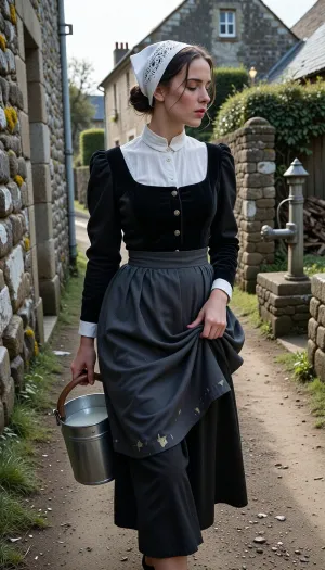 A realistic street photograph, shot with a 35mm f/1.4 lens in a 1950s vintage style. A candid snapshot capturing a village morning.
In the foreground, a beautiful 22-year-old Breton woman walks along a packed-earth path winding between two lichen-covered granite walls. Her finely featured face—with a matte complexion, soft cheekbones, and a scattering of freckles—betrays early-morning fatigue. Her half-closed eyes squint against the low-angled light and lingering drowsiness, while her mouth, with natural lips, wears a pensive expression. Her dark chestnut hair, pulled into a tight low bun beneath her headdress, allows a few stray strands to escape and cling to her damp forehead.
She wears the traditional peasant costume of Cap-Sizun—authentic yet marked by daily toil, a fitted bodice of matte black velvet over a white linen blouse with a high collar, and a dark fabric apron featuring a simply embroidered bib, the apron is wrinkled and slightly stained at the hem. Her full skirt, made of dark wool cloth, reaches her ankles. On her head, she wears the *kapenn*—a tall, starched white lace headdress whose intricate embroidery catches the bright morning light.
As she walks, she shifts her body weight onto her leading leg, her torso is slightly turned and her head tilted, her gaze fixed on her feet and the stony path she watches carefully to avoid stumbling. Her fingers grip the wooden handle of a zinc milk bucket, containing milk, which she carries naturally at her side, The bucket swings gently near her hip, creating a slight motion blur at the hem of her skirt. With her other hand, she delicately holds the fabric, lifting it slightly to keep it from getting dirty on the ground.
The village is waking up around her, three or four low granite houses with slate roofs stand scattered and irregularly arranged, separated by stone-walled gardens and, in the background, a rustic, peaceful chicken coop. The setting includes a narrow path, a cast-iron water pump, a woodpile under a lean-to, and a stone wayside cross half-hidden by the distant mist. A single window glows with the warm light of an indoor bulb.
Climate and atmosphere, the crisp, crystalline dawn air creates a damp, silent morning mood. The scene is bathed in the low-angle light of the rising sun—shifting between pale pink and very pale gold—piercing through a thick mist that clings to the ground and the dew-laden tall grass. The shot is taken at eye level using a neutral 50mm focal length, offering a natural perspective and a shallow depth of field that softens the background. The scene reveals long, soft shadows on the damp earth, a faint cloud of breath mist, and dew drops glistening on the lace and the stones of the low wall. Sharp focus in the foreground, authentic Kodachrome-style color rendering, soft contrasts, and the peaceful rural atmosphere of a place stirring to life.