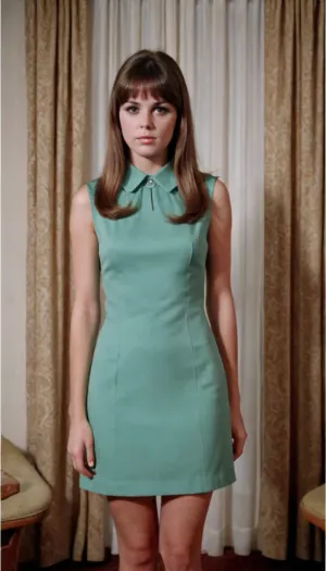 cute 18 years adult woman from 1960s is wearing a sleeveless mini-dress in a solid color and posing like a 1960s model, she has long brunette hair and curtain style bangs, retro, vintage, 8mm, 1960s, <lora:retro vintage 8mm SDXL Lora:.8>