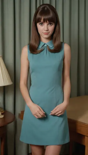 cute 18 years adult woman from 1960s is wearing a sleeveless mini-dress in a solid color and posing like a 1960s model, she has long brunette hair and curtain style bangs