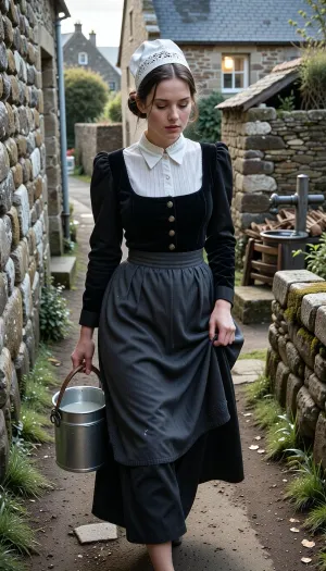 A realistic street photograph, shot with a 35mm f/1.4 lens in a 1950s vintage style. A candid snapshot capturing a village morning.
In the foreground, a beautiful 22-year-old Breton woman walks along a packed-earth path winding between two lichen-covered granite walls. Her finely featured face—with a matte complexion, soft cheekbones, and a scattering of freckles—betrays early-morning fatigue. Her half-closed eyes squint against the low-angled light and lingering drowsiness, while her mouth, with natural lips, wears a pensive expression. Her dark chestnut hair, pulled into a tight low bun beneath her headdress, allows a few stray strands to escape and cling to her damp forehead.
She wears the traditional peasant costume of Cap-Sizun—authentic yet marked by daily toil, a fitted bodice of matte black velvet over a white linen blouse with a high collar, and a dark fabric apron featuring a simply embroidered bib, the apron is wrinkled and slightly stained at the hem. Her full skirt, made of dark wool cloth, reaches her ankles. On her head, she wears the *kapenn*—a tall, starched white lace headdress whose intricate embroidery catches the bright morning light.
As she walks, she shifts her body weight onto her leading leg, her torso is slightly turned and her head tilted, her gaze fixed on her feet and the stony path she watches carefully to avoid stumbling. Her fingers grip the wooden handle of a zinc milk bucket, containing milk, which she carries naturally at her side, The bucket swings gently near her hip, creating a slight motion blur at the hem of her skirt. With her other hand, she delicately holds the fabric, lifting it slightly to keep it from getting dirty on the ground.
The village is waking up around her, three or four low granite houses with slate roofs stand scattered and irregularly arranged, separated by stone-walled gardens and, in the background, a rustic, peaceful chicken coop. The setting includes a narrow path, a cast-iron water pump, a woodpile under a lean-to, and a stone wayside cross half-hidden by the distant mist. A single window glows with the warm light of an indoor bulb.
Climate and atmosphere, the crisp, crystalline dawn air creates a damp, silent morning mood. The scene is bathed in the low-angle light of the rising sun—shifting between pale pink and very pale gold—piercing through a thick mist that clings to the ground and the dew-laden tall grass. The shot is taken at eye level using a neutral 50mm focal length, offering a natural perspective and a shallow depth of field that softens the background. The scene reveals long, soft shadows on the damp earth, a faint cloud of breath mist, and dew drops glistening on the lace and the stones of the low wall. Sharp focus in the foreground, authentic Kodachrome-style color rendering, soft contrasts, and the peaceful rural atmosphere of a place stirring to life.