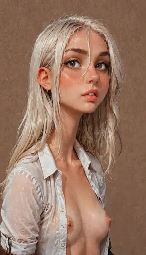 (reiq meets innv and Jack cayless art style), (Incase style:1.2), beautiful light skin white girl, (platinum blond hair:1.6), (thick dark pubic hair:1.4), cowboy boots, messy hair, bangs over eye, symmetrical eyes, snub nose, plumb lips, parted lips, teeth visible, half-closed eyes, very small flat chested breasts, erect nipples, very small nipples and areolas, (tanned nipples), ring light, tan cowboy hat, unbuttoned western shirt, 1girl, solo, beautiful curves of the body, realistic detailed, (simple brown background:1.8), deep insertion, skin texture, futuristic-fantasy-anime, <lora:sd_xl_turbo_lora_v1-64dim:2>, <lora:futureistic_fantasy_anime_sdxl_v1:2>