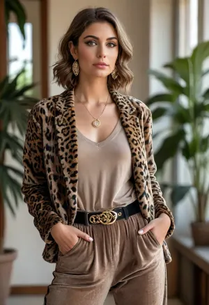 (masterpiece, best quality, not oversubscribed:1.2), 1 busty french 25yo woman, lasciviously and cheekily posing fashion influencer, (she wears a baggy taupe velvet v-neck t-shirt, leopard print suit jacket, taupe velvet pants, sneakers:1.4), outside a modern angular minimalist style villa, long red bun hair, (modern styled with jewelry, earrings, bangles, necklaces, belt:1.4), bright blue eyes, photorealism, <lora:style_lora_realis:.5>