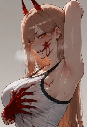 (ratatatat74 style), power from chainsaw man, teasing, squeezeing breast, (blood on face, bloody hands, covered in blood:1.5), horny, aroused, heavy breathing, solo, armpit fetish, sweaty, looking at viewer, side view, (simple background), <lora:ratatatat74-000050:2>