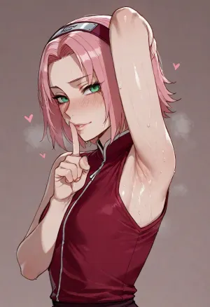 (ratatatat74 style), sakura haruno, naruto, dressed, flat chest, shushing, hearts, solo, armpit fetish, sweaty, looking at viewer, side view, (simple background), <lora:ratatatat74-000050:2>