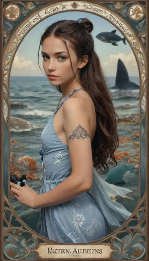 Art Nouveau style, water bender from avatar airbender, Looks like a blue queen of the ocean, ((Art Nouveau ornament of dolphins, whales)), (((Sea themes))), (((katara hair with blue eyes))), (((fins and spray))), novuschroma, style, Ivan, Bilibin, Style, page, intricate revealing tribal dress, small breasts, beautiful, tan, looking toward viewer, <lora:124_novuschromaSXL_a4:.8>, <lora:Ivan Bilibin Style:.8>, <lora:nobrav1_SDXL:.6>