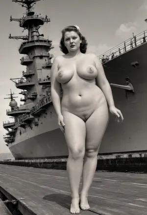 US Navy Aircraft Carrier 1950 This is a detailed, monochrome pencil drawing in a classic illustration style, depicting a scene in the USA during the 1950s, beautiful, curvy, very busty MILF, High heels., (A 90-year-old, slightly obese nude woman:1.4)
