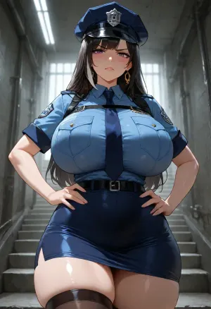 masterpiece, best quality, absurdres, newest, highres, very aesthetic, 1girl, solo, mature female, adult, karryn, (karryn's prison), nsfw, long hair, black hair, purple eyes, beautiful detailed eyes, huge breasts, curvy, narrow waist, thick thighs, warden uniform, police uniform, peaked cap, necktie, tight clothes, standing, hands on hips, looking at viewer, angry, serious, blush, prison, concrete stairs, fluorescent lighting, cinematic lighting, cowboy shot, detailed face, intricate details