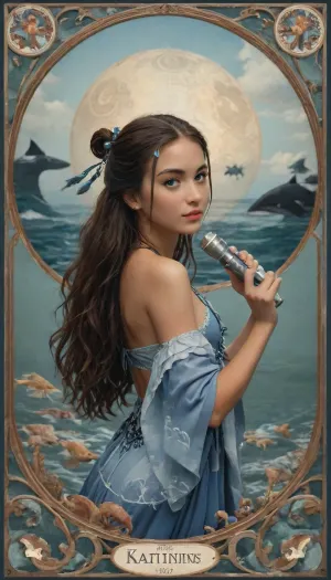 Art Nouveau style, water bender from avatar airbender, Looks like a blue queen of the ocean, ((Art Nouveau ornament of dolphins, whales)), (((Sea themes))), (((katara hair with blue eyes))), (((fins and spray))), novuschroma, style, Ivan, Bilibin, Style, page, intricate revealing tribal dress, small breasts, beautiful, tan, looking toward viewer, <lora:124_novuschromaSXL_a4:.8>, <lora:Ivan Bilibin Style:.8>, <lora:nobrav1_SDXL:.6>