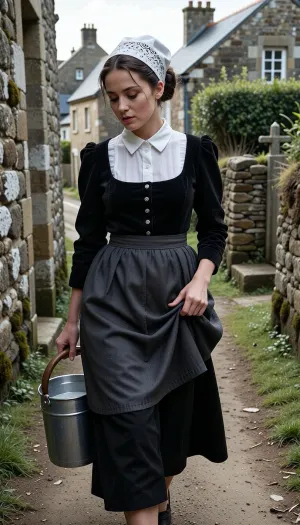 A realistic street photograph, shot with a 35mm f/1.4 lens in a 1950s vintage style. A candid snapshot capturing a village morning.
In the foreground, a beautiful 22-year-old Breton woman walks along a packed-earth path winding between two lichen-covered granite walls. Her finely featured face—with a matte complexion, soft cheekbones, and a scattering of freckles—betrays early-morning fatigue. Her half-closed eyes squint against the low-angled light and lingering drowsiness, while her mouth, with natural lips, wears a pensive expression. Her dark chestnut hair, pulled into a tight low bun beneath her headdress, allows a few stray strands to escape and cling to her damp forehead.
She wears the traditional peasant costume of Cap-Sizun—authentic yet marked by daily toil, a fitted bodice of matte black velvet over a white linen blouse with a high collar, and a dark fabric apron featuring a simply embroidered bib, the apron is wrinkled and slightly stained at the hem. Her full skirt, made of dark wool cloth, reaches her ankles. On her head, she wears the *kapenn*—a tall, starched white lace headdress whose intricate embroidery catches the bright morning light.
As she walks, she shifts her body weight onto her leading leg, her torso is slightly turned and her head tilted, her gaze fixed on her feet and the stony path she watches carefully to avoid stumbling. Her fingers grip the wooden handle of a zinc milk pail, containing milk, which she carries naturally at her side, The bucket swings gently near her hip, creating a slight motion blur at the hem of her skirt. With her other hand, she delicately holds the fabric, lifting it slightly to keep it from getting dirty on the ground.
The village is waking up around her, three or four low granite houses with slate roofs stand scattered and irregularly arranged, separated by stone-walled gardens and, in the background, a rustic, peaceful chicken coop. The setting includes a narrow path, a cast-iron water pump, a woodpile under a lean-to, and a stone wayside cross half-hidden by the distant mist. A single window glows with the warm light of an indoor bulb.
Climate and atmosphere, the crisp, crystalline dawn air creates a damp, silent morning mood. The scene is bathed in the low-angle light of the rising sun—shifting between pale pink and very pale gold—piercing through a thick mist that clings to the ground and the dew-laden tall grass. The shot is taken at eye level using a neutral 50mm focal length, offering a natural perspective and a shallow depth of field that softens the background. The scene reveals long, soft shadows on the damp earth, a faint cloud of breath mist, and dew drops glistening on the lace and the stones of the low wall. Sharp focus in the foreground, authentic Kodachrome-style color rendering, soft contrasts, and the peaceful rural atmosphere of a place stirring to life.