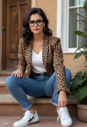 (masterpiece, best quality:1.2), 1 busty french 25yo woman, lasciviously and cheekily posing fashion influencer, (she wears a v-neck t-shirt, leopard print suit jacket, jeans pants, sneakers:1.4), outside a modern angular minimalist style villa, short raven black hair, (modern styled with jewelry, earrings, bangles, necklaces, belt:1.4), bright blue eyes, glasses, photorealism, <lora:style_lora_realis:.5>