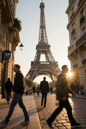 A professional street photograph of the Eiffel Tower in Paris, taken during the ‘golden hour’ in warm natural light, an authentic urban atmosphere with barely noticeable lens flare, realistic passers-by and tourists walking past with a slight motion blur, a solitary Parisian, photographed from behind, posing a silent question, as if asking the passing crowd, ‘Do you like the Eiffel Tower?’, rich textures of the iron latticework and old Parisian cobblestones, photorealism, the highest resolution, a masterpiece.