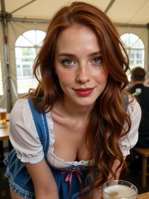 Beer tent interior scene, close-up, beautiful woman, beauty, cute, slim, deep green eyes, red lipstick, (long redhead hair, extremely long hair, wavy hair, tousled hair across face:1), (slight smile:1), freckles, realistic, detailed skin texture, moist skin, (blue and white Bavarian dirndl with short skirt:1.2), sleeves, detailed skin, pale skin