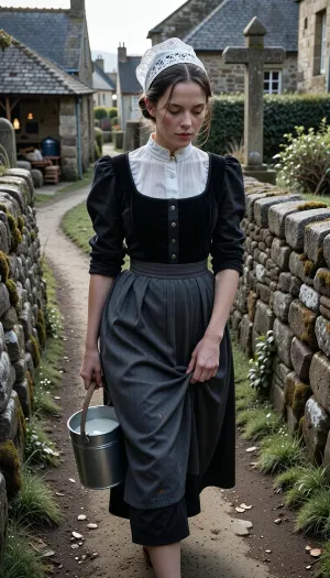 A realistic street photograph, shot with a 35mm f/1.4 lens in a 1950s vintage style. A candid snapshot capturing a village morning.
In the foreground, a beautiful 22-year-old Breton woman walks along a packed-earth path winding between two lichen-covered granite walls. Her finely featured face—with a matte complexion, soft cheekbones, and a scattering of freckles—betrays early-morning fatigue. Her half-closed eyes squint against the low-angled light and lingering drowsiness, while her mouth, with natural lips, wears a pensive expression. Her dark chestnut hair, pulled into a tight low bun beneath her headdress, allows a few stray strands to escape and cling to her damp forehead.
She wears the traditional peasant costume of Cap-Sizun—authentic yet marked by daily toil, a fitted bodice of matte black velvet over a white linen blouse with a high collar, and a dark fabric apron featuring a simply embroidered bib, the apron is wrinkled and slightly stained at the hem. Her full skirt, made of dark wool cloth, reaches her ankles. On her head, she wears the *kapenn*—a tall, starched white lace headdress whose intricate embroidery catches the bright morning light.
As she walks, she shifts her body weight onto her leading leg, her torso is slightly turned and her head tilted, her gaze fixed on her feet and the stony path she watches carefully to avoid stumbling. Her fingers grip the wooden handle of a zinc milk pail, containing nice creamy milk, which she carries naturally at her side, The bucket swings gently near her hip, creating a slight motion blur at the hem of her skirt. With her other hand, she delicately holds the fabric, lifting it slightly to keep it from getting dirty on the ground.
The village is waking up around her, three or four low granite houses with slate roofs stand scattered and irregularly arranged, separated by stone-walled gardens and, in the background, a rustic, peaceful chicken coop. The setting includes a narrow path, a cast-iron water pump, a woodpile under a lean-to, and a stone wayside cross half-hidden by the distant mist. A single window glows with the warm light of an indoor bulb.
Climate and atmosphere, the crisp, crystalline dawn air creates a damp, silent morning mood. The scene is bathed in the low-angle light of the rising sun—shifting between pale pink and very pale gold—piercing through a thick mist that clings to the ground and the dew-laden tall grass. The shot is taken at eye level using a neutral 50mm focal length, offering a natural perspective and a shallow depth of field that softens the background. The scene reveals long, soft shadows on the damp earth, a faint cloud of breath mist, and dew drops glistening on the lace and the stones of the low wall. Sharp focus in the foreground, authentic Kodachrome-style color rendering, soft contrasts, and the peaceful rural atmosphere of a place stirring to life.