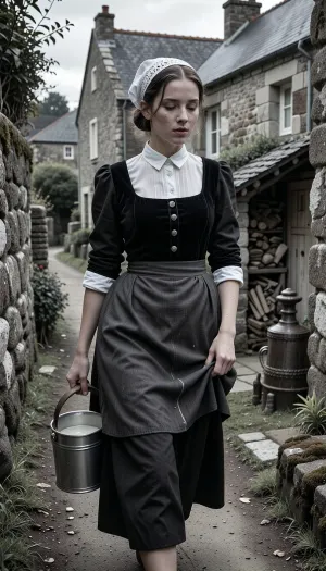 A realistic black and white street photograph, shot with a 35mm f/1.4 lens. Only the skin and a few details have dull colors.. The photo was taken in France in 1950. A candid snapshot capturing a village morning.
In the foreground, a beautiful 22-year-old Breton woman walks along a packed-earth path winding between two lichen-covered granite walls. Her finely featured face—with a matte complexion, soft cheekbones, and a scattering of freckles—betrays early-morning fatigue. Her half-closed eyes squint against the low-angled light and lingering drowsiness, while her mouth, with natural lips, wears a pensive expression. Her dark chestnut hair, pulled into a tight low bun beneath her headdress, allows a few stray strands to escape and cling to her damp forehead.
She wears the traditional peasant costume of Cap-Sizun—authentic yet marked by daily toil, a fitted bodice of matte black velvet over a white linen blouse with a high collar, and a dark fabric apron featuring a simply embroidered bib, the apron is wrinkled and slightly stained at the hem. Her full skirt, made of dark wool cloth, reaches her ankles. On her head, she wears the *kapenn*—a tall, starched white lace headdress whose intricate embroidery catches the bright morning light.
As she walks, she shifts her body weight onto her leading leg, her torso is slightly turned and her head tilted, her gaze fixed on her feet and the stony path she watches carefully to avoid stumbling. Her fingers grip the wooden handle of a zinc milk pail, containing white creamy milk, which she carries naturally at her side, The bucket swings gently near her hip, creating a slight motion blur at the hem of her skirt. With her other hand, she delicately holds the fabric, lifting it slightly to keep it from getting dirty on the ground.
The village is waking up around her, three or four low granite houses with slate roofs stand scattered and irregularly arranged, separated by stone-walled gardens and, in the background, a rustic, peaceful chicken coop. The setting includes a narrow path, a cast-iron water pump, a woodpile under a lean-to. A single window glows with the warm light of an indoor bulb.
Climate and atmosphere, the crisp, crystalline dawn air creates a damp, silent morning mood. The scene is bathed in the low-angle light of the rising sun—shifting between pale pink and very pale gold—piercing through a thick mist that clings to the ground and the dew-laden tall grass. The shot is taken at eye level using a neutral 50mm focal length, offering a natural perspective and a shallow depth of field that softens the background. The scene reveals long, soft shadows on the damp earth, a faint cloud of breath mist, and dew drops glistening on the lace and the stones of the low wall. Sharp focus in the foreground, authentic analogic Black and white rendering, soft contrasts, and the peaceful rural atmosphere of a place stirring to life.