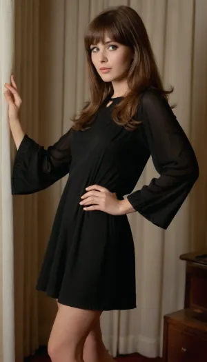 cute 18 years adult woman from 1960s is wearing a sleeveless mini-dress in a solid color and posing like a 1960s model, (large sleeves), open sleeves, open clothes, she has long brunette hair and curtain style bangs, side profile, (side boob:1.5), (((sneaking a peek at her breasts through her large open sleeves)))