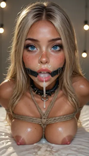 score_9, score_8_up, score_7_up, 1girl, 26 years old, (solo:1.2), pretty girl, mirko, blushing, shy, huge round eyes, blue eyes, looking at viewer, beautiful very long hair, cute, happy, ecstatic, athletic, (body freckles), dark eye shadow, real skin, tan skin freckles, mole, toned, parted lips, gag dildo, aroused, crazy face, pouty lips, intense stair, cute petite, innocent, ((excessive cum, huge facial, cum on nose, cum on lashes, thick ropes of cum)), low lights, godrays, (collar), (bimbo makeup), (perky breasts:1.3), (breast bondage:2), (compressed breast:1.8), realistic, hdr, perfect realism, realism, stereoscopic image, diffusion, high resolution, igbaddie, but, <lora:igbaddie-XL:2>, <lora:Vivid Midjourney mimic - XL SDXL v2.0:2>, <lora:Adjust_SDXL_v3.0:2>, <lora:BUT_SDXL_SHS:2>, <lora:winx-10:2>