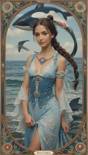 Art Nouveau style, katara Looks like a blue queen of the ocean, ((Art Nouveau ornament of dolphins, whales, turtles)), (((Sea themes))), (((katara hair with blue eyes))), (((fins and spray))), novuschroma, style, Ivan, Bilibin, Style, page, intricate revealing tribal dress, small breasts with stiff nipples, beautiful, tan, slight smile, very high slit skirt revealing pussy and pubic hair, <lora:124_novuschromaSXL_a4:.8>, <lora:Ivan Bilibin Style:.8>, <lora:nobrav1_SDXL:.6>