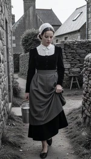 A pure black and white 35mm photograph, shot on Kodak Tri-X 400 film with a 35mm f/1.4 lens. Archival monochrome street photography taken in France in 1950. A candid snapshot capturing a village morning in high-contrast black and white.
In the foreground, a beautiful 22-year-old Breton woman walks along a packed-earth path winding between two lichen-covered granite walls. Her finely featured face—with a matte complexion, soft cheekbones—betrays early-morning fatigue. Her half-closed eyes squint against the low-angled light and lingering drowsiness, while her mouth, with natural lips, wears a pensive expression. Her dark hair, pulled into a tight low bun beneath her headdress, allows a few stray strands to escape and cling to her damp forehead.
She wears the traditional peasant costume of Cap-Sizun—authentic yet marked by daily toil, a fitted bodice of matte black velvet over a white linen blouse with a high collar, and a dark fabric apron featuring a simply embroidered bib, the apron is wrinkled and slightly stained at the hem. Her full skirt, made of dark wool cloth, reaches her ankles. On her head, she wears the kapenn—a tall, starched white lace headdress whose intricate embroidery catches the bright morning light.
As she walks, she shifts her body weight onto her leading leg, her torso is slightly turned and her head tilted, her gaze fixed on her feet and the stony path she watches carefully to avoid stumbling. Her fingers grip the wooden handle of a zinc milk pail, containing white creamy milk, which she carries naturally at her side, The bucket swings gently near her hip, creating a slight motion blur at the hem of her skirt. With her other hand, she delicately holds the fabric, lifting it slightly to keep it from getting dirty on the ground.
The village is waking up around her, three or four low granite houses with slate roofs stand scattered and irregularly arranged, separated by stone-walled gardens and, in the background, a large, rustic woodpile. The setting includes a narrow path, a cast-iron water pump, and a lean-to shelter. A single window glows faintly from within.
Climate and atmosphere, the crisp, crystalline dawn air creates a damp, silent morning mood. The scene is bathed in the low-angle light of the rising sun piercing through a thick mist that clings to the ground and the dew-laden tall grass. The shot is taken at eye level using a neutral 50mm focal length, offering a natural perspective and a shallow depth of field that softens the background. The scene reveals long, soft shadows on the damp earth, a faint cloud of breath mist, and dew drops glistening on the lace and the stones of the low wall. Sharp focus in the foreground, authentic black and white analog print, silver halide film grain, deep blacks, clean whites, rich tonal range, soft contrasts, and the peaceful rural atmosphere of a place stirring to life.