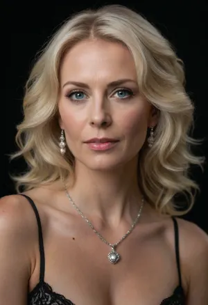 Beautiful 55 year old Caucasian woman, 1.68 meters tall, fair skin with natural mature texture and soft glow, (shoulder-length wavy platinum blonde hair:1.3), piercing blue-gray eyes, (professional soft makeup, subtle eyeliner, mascara, soft blush, natural lips), high cheekbones, elegant mature features, full lips slightly parted, firm breasts, smooth skin, perfectly proportioned, highly detailed face and body. She is looking directly at the camera with a calm, confident expression in a close-up portrait. Wearing a black sheer lace bra and an ornate silver crystal statement necklace with matching pearl drop earrings. Dark moody background with soft dramatic lighting highlighting her face and décolletage. Realistic photo, highly detailed, cinematic lighting, sharp focus.