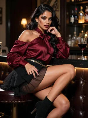 Realistic, 8K, 27yo adult female, deep warm brown skin glowing under amber light, oval face with high sculpted cheekbones, full lips in a dark wine-berry shade slightly parted with a touch of gloss, dark almond eyes with a smudged kohl liner and warm copper shimmer in the inner corners, heavy lash line, brows softly defined, small gold stud earrings, loose voluminous jet-black hair falling in thick glossy waves over both shoulders and across her chest, a few loose tendrils across her forehead, wearing a deep burgundy wine silk satin blouse with an oversized bow at the collar, the wide flowing bell sleeves pooled and draped around her forearms, the satin surface glowing with warm reflections, a delicate gold snake-chain belt at her waist, a full black tulle mesh mini skirt with layered sheer panels creating a cloud of translucent black fabric at mid-thigh, the tulle slightly catching the light to reveal the layering beneath, black suede pointed-toe stiletto ankle boots, seated sideways on a dark leather tufted bar stool, both legs crossed at the ankle, her right hand tracing the edge of the tulle hem with one fingertip, left hand resting on the bar counter gripping the stem of a glass of deep red wine, torso twisted slightly toward camera, one shoulder partially bare where the sleeve has slipped, chin resting on her knuckles, gazing directly into the lens with a lazy knowing look, a slow smirk playing at the corner of her mouth, dark mahogany bar backdrop with blurred amber bottle lights, warm tungsten key light from below and to the left, soft rim light from behind separating her hair from the dark background, 50mm f/1.8, intimate editorial publicity photography, warm honey color grade, shallow bokeh on the bar shelves, rich skin texture