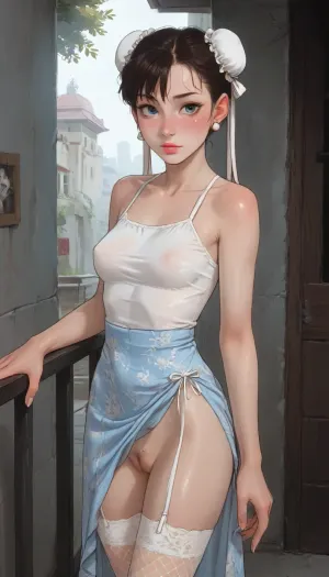 (Chun Li), horny, hinata, pale skin, freckles, thick lips, small perfect breasts, wet shiny skin dynamic pose, perfect skin, extremely beautiful face, ultra high details, looking at viewer, award winning photo, small natural breasts, stiff nipples, showing tits, hips, super waist, bimbo pussy, slight pubic hair, virgin pussy, blue eyes, tight pink floral sundress, (floral:1.3), slutty, big round butt, dark, backlit, slut, tight skirt, smiling, blushing, white crop top, white laced fishnet stockings, garter belt, leaning on a balcony railing, fucked by white guy with huge penis, doggie style, no panties, no thong, puffy pussy, ((ratatatat74), 90s Anime, (Outline), (cartoon), incase style, concept, art, by, syd, mead, retro, futuristic, flat colors, Perfect Hands), <lora:ratatatat74-000050:1.6>, <lora:outline_xl_kohaku_delta_spv5x:1.8>, <lora:cartoon_stickers_xl_v1:.6>, <lora:NEOTOKIOXL_0.2_RC:.4>