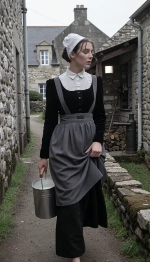 A muted, almost monochrome street photograph with extremely desaturated, bleached colors, shot with a 35mm f/1.4 lens. The photo was taken in France in 1950. A candid snapshot capturing a village morning in a near black-and-white argentic tone.
In the foreground, a beautiful 22-year-old Breton woman walks along a packed-earth path winding between two lichen-covered granite walls. Her finely featured face—with a matte complexion, soft cheekbones—betrays early-morning fatigue. Her half-closed eyes squint against the low-angled light and lingering drowsiness, while her mouth, with natural lips, wears a pensive expression. Her dark hair, pulled into a tight low bun beneath her headdress, allows a few stray strands to escape and cling to her damp forehead.
She wears the traditional peasant costume of Cap-Sizun—authentic yet marked by daily toil, a fitted bodice of matte black velvet over a white linen blouse with a high collar, and a dark fabric apron featuring a simply embroidered bib, the apron is wrinkled and slightly stained at the hem. Her full skirt, made of dark wool cloth, reaches her ankles. On her head, she wears the kapenn—a tall, starched white lace headdress whose intricate embroidery catches the bright morning light.
As she walks, she shifts her body weight onto her leading leg, her torso is slightly turned and her head tilted, her gaze fixed on her feet and the stony path she watches carefully to avoid stumbling. Her fingers grip the wooden handle of a zinc milk pail, containing white creamy milk, which she carries naturally at her side, The bucket swings gently near her hip, creating a slight motion blur at the hem of her skirt. With her other hand, she delicately holds the fabric, lifting it slightly to keep it from getting dirty on the ground.
The village is waking up around her, three or four low granite houses with slate roofs stand scattered and irregularly arranged, separated by stone-walled gardens and, in the background, a rustic, peaceful cellar. The setting includes a narrow path, a cast-iron water pump, a woodpile under a lean-to. A single window glows with the faint light of an indoor bulb.
Climate and atmosphere, the crisp, crystalline dawn air creates a damp, silent morning mood. The scene is bathed in a pale, highly desaturated low-angle light—a near-monochrome silver glow—piercing through a thick mist that clings to the ground and the dew-laden tall grass. The shot is taken at eye level using a neutral 50mm focal length, offering a natural perspective and a shallow depth of field that softens the background. The scene reveals long, soft shadows on the damp earth, a faint cloud of breath mist, and dew drops glistening on the lace and the stones of the low wall. Sharp focus in the foreground, desaturated vintage color palette bordering on black and white, subtle silver tones, soft contrasts, and the peaceful rural atmosphere of a place stirring to life.