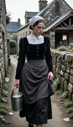 A realistic street photograph, shot with a 35mm f/1.4 lens. The colors are washed out, evoking a black-and-white look. The photo was taken in France in 1950. A candid snapshot capturing a village morning.
In the foreground, a beautiful 22-year-old Breton woman walks along a packed-earth path winding between two lichen-covered granite walls. Her finely featured face—with a matte complexion, soft cheekbones, and a scattering of freckles—betrays early-morning fatigue. Her half-closed eyes squint against the low-angled light and lingering drowsiness, while her mouth, with natural lips, wears a pensive expression. Her dark chestnut hair, pulled into a tight low bun beneath her headdress, allows a few stray strands to escape and cling to her damp forehead.
She wears the traditional peasant costume of Cap-Sizun—authentic yet marked by daily toil, a fitted bodice of matte black velvet over a white linen blouse with a high collar, and a dark fabric apron featuring a simply embroidered bib, the apron is wrinkled and slightly stained at the hem. Her full skirt, made of dark wool cloth, reaches her ankles. On her head, she wears the *kapenn*—a tall, starched white lace headdress whose intricate embroidery catches the bright morning light.
As she walks, she shifts her body weight onto her leading leg, her torso is slightly turned and her head tilted, her gaze fixed on her feet and the stony path she watches carefully to avoid stumbling. Her fingers grip the wooden handle of a zinc milk pail, containing white creamy milk, which she carries naturally at her side, The bucket swings gently near her hip, creating a slight motion blur at the hem of her skirt. With her other hand, she delicately holds the fabric, lifting it slightly to keep it from getting dirty on the ground.
The village is waking up around her, three or four low granite houses with slate roofs stand scattered and irregularly arranged, separated by stone-walled gardens and, in the background, a rustic, peaceful chicken coop. The setting includes a narrow path, a cast-iron water pump, a woodpile under a lean-to. A single window glows with the warm light of an indoor bulb.
Climate and atmosphere, the crisp, crystalline dawn air creates a damp, silent morning mood. The scene is bathed in the low-angle light of the rising sun—shifting between pale pink and very pale gold—piercing through a thick mist that clings to the ground and the dew-laden tall grass. The shot is taken at eye level using a neutral 50mm focal length, offering a natural perspective and a shallow depth of field that softens the background. The scene reveals long, soft shadows on the damp earth, a faint cloud of breath mist, and dew drops glistening on the lace and the stones of the low wall. Sharp focus in the foreground, authentic Kodachrome-style color rendering, soft contrasts, and the peaceful rural atmosphere of a place stirring to life.