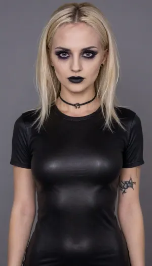 best quality, 8k, detailed, a photo of 20yo goth fitness model, blonde hair, (Large eyes:1), (goth makeup:1.5), slender, (tight fitted wet t-shirt:1.5), arched eyebrows, (huge breasts:.1), perfect smile, blue eyes, solo, sharp body, sexy, full body pov, (intense blushing), large, breasts, big, boobs, huge, tits, with, an, angry, expression, on, her/his, face, <lora:bombshell_v2:.5>, <lora:Sweaty_Realism_4-000006:2>, <lora:Wet_Makeup__Runny_Mascara-000006:1.2>, <lora:angryXL:1.3>