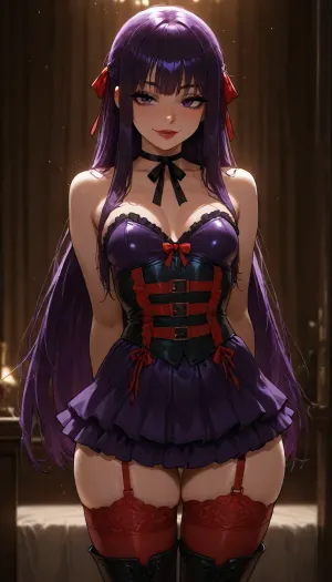 Melkor mancin meet markgavatino style, (((beautiful bright purple big anime eyes))), slut ready to fuck you in lingerie, Dark Purple eyeliner, long eye lashes, red lipstick, 25 years old cutie, warm strong lighting, red garter stockings, thick long boots, petite muscular toned body, sultry smile, long hair, corset skirt, Yor from Spy Family