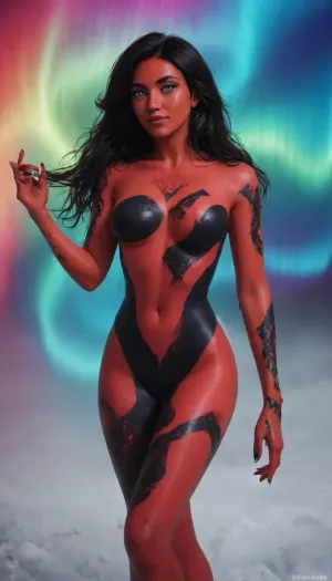 (aurora borealis painted skin:1.9), (aurora borealis painted body:1.9), tall, slender, medium size breasts, long floating etheral hair, (luminous galaxy eyes:1.4), darkest night, iceberg, faint smile