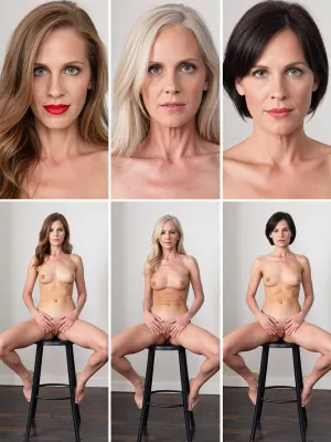 This image is a six-panel composite studio portrait series featuring three distinct mature women, presented in two rows of three. The top row displays medium close-up torso shots from the waist up, the bottom row shows full-body seated poses on black metal stools with legs spread. Subjects include a tanned blonde woman with blue eyes and red lips, a fair-skinned platinum blonde with visible chest veins, and a brunette with short dark hair and green eyes. All are fully nude, showcasing natural body types without styling or makeup excess. Poses are static and frontal, hands resting on legs, vaginas are presented to the viewer, gaze directed at the camera with neutral to slight smiles. Lighting is bright, even, and diffused—typical of studio flash—minimizing shadows and highlighting skin texture. Backgrounds are plain white walls above dark wood flooring. Technical style is documentary realism, high-resolution, sharp focus, neutral color balance, no filters. Composition is grid-aligned, symmetrical, and clinical in presentation.
