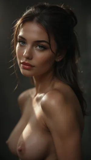 Close up, Portrait, beautiful french, instagram model, 25 years old, happy, perfect, slim body, (ideal hard big tits), (full body), detailed background, depth of field, insane detail, complexity, aesthetics, detailed face, scattering under the surface, naked, realistic hair, realistic eyes, muscular, masculine, with large pectoral muscles, photograph of a beautiful girl, long black tousled hair, ((hair half up in pony tail and half down)), perfect face, eye contact, perfect eyes, gorgeous, sexy, sensual, seductive eyes and look, pulld, big fake red lips, bimbo, <lora:attractive_notrigger:1.4>, <lora:BUT_SDXL_SHS:1.2>, <lora:Vivid Midjourney mimic - XL SDXL v2.0:1.4>, <lora:add-detail-xl:1.8>, <lora:dark:.4>