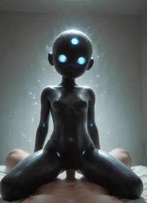 (female micro robot straddling on pov:1.3), glass miniature body, cosmic black skin, black carbon skin, small toy size body, blue glowing energy lines on skin, doll, third eye on forehead, <lora:mentixis:2>, <lora:Ghostly_Style_SDXL:2>, <lora:PAseer-SDXL-MistyGhost:2>, <lora:robot_skin_XL_1.0.6:2>, <lora:BD1.1-000009:.8>