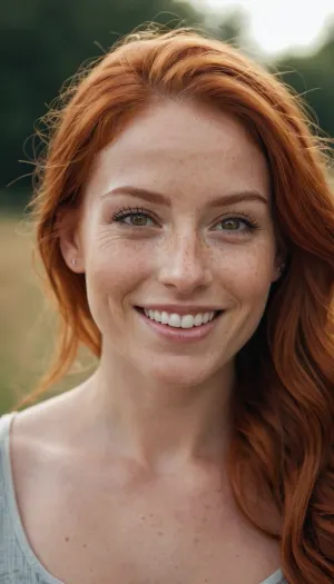 34 year old red haired girl. Big dark brown eyes. Lots of freckles. Beautiful smile. Face only.