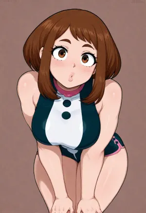(Afrobull style), ochako uraraka, solo, leaning forward, plump lips, puckered lips, (simple background)