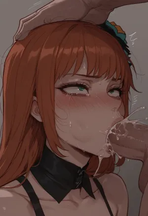 (ratatatat74 style), panette, aroused, flushed cheeks, tears, blowjob, puffy cheeks, throat bulge, cum in mouth, cum in nose, explosive cum, (simple background), <lora:ratatatat74-000050:2>
