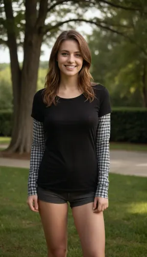 25 yo woman, light-brown hair, naked, wearing a black t-shirt under a black-and-white checked button-down shirt. no pants, no panties She wears black athletic shoes. Smiling gently, she stands with a relaxed pose, The environment is a grassy field, with trees and shrubs in the background. Natural daylight illuminates the scene, casting soft shadows. The colors are muted and natural, with greens, browns, and grays dominating the palette. The overall mood is casual, friendly and outdoorsy. The composition is a full shot, eye-level view, showcasing the subject from the mid-thigh up, capturing a relaxed and approachable atmosphere. The perspective is straight-on, displaying a calm and neutral outlook. The textures are smooth and natural on clothing.