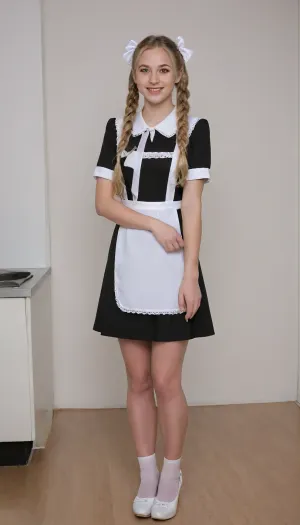 beautiful blonde 18 years old with long pigtails woman, white bows, black dress, white apron, soviet girl, white lingerie, white shoes, high heels, lewddungeon, rclassroom background, Cinematic, laughing, 4k epic detail, shot on kodak, 35mm photo, sharp focus, high budget, cinemascope, moody, epic, gorgeous, film grain, grainy, score_9, score_8_up, score_7_up, rating, suxl, <lora:suxl:.8>