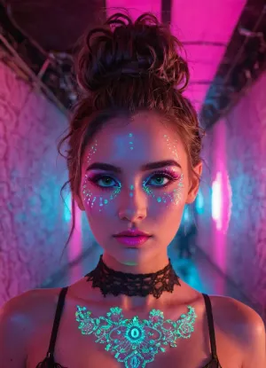 woman, (21 years old), neon pink, black light, phosphorescent, (messy bun), ((neon lace:1.3)), (detailed face and eyes:1.2), (fit), (innocent face:1.2), (dynamic light), (centered), (max detail), 8k, (cleavage), (((underground rave club))), secret, cyberpunk dance music, ((disco lights)), ambiance, facing camera, front view, symmetrical, neouv, glowing, illuminated, neon, ultraviolet, iridescent, <lora:Neon_Ultraviolet_Glow-000011:.8>, glitt3r, <lora:glitt3r:.8>, Cyberpunk, <lora:cybepunk:.8>, SamDoesArts, <lora:SDXLSamDoesArts:.8>